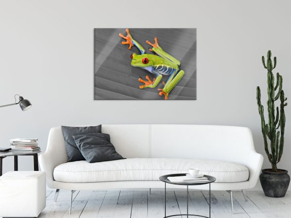 kleiner grüner Frosch auf Blatt, Glasbild Mode – Bild 2